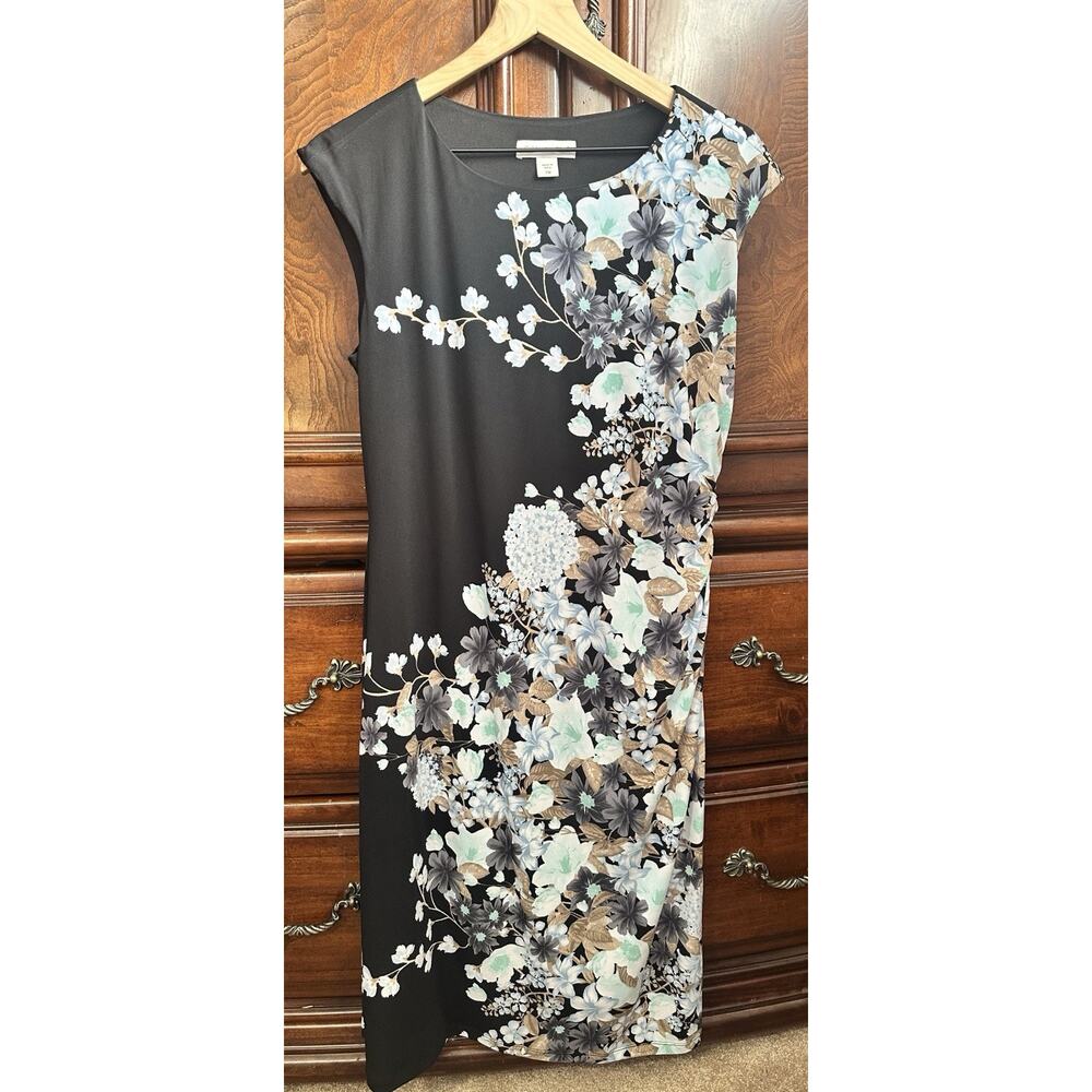Coldwater Creek Black Floral Sheath Dress Petite Medium Sleeveless Ruched